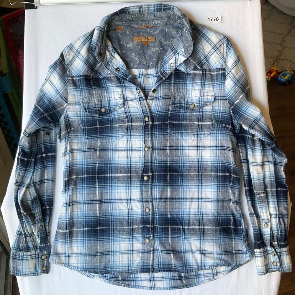 Jach’s Girlfriend Women Long Sleeve Button Down Plaid Shirt size S, Blue & Gray